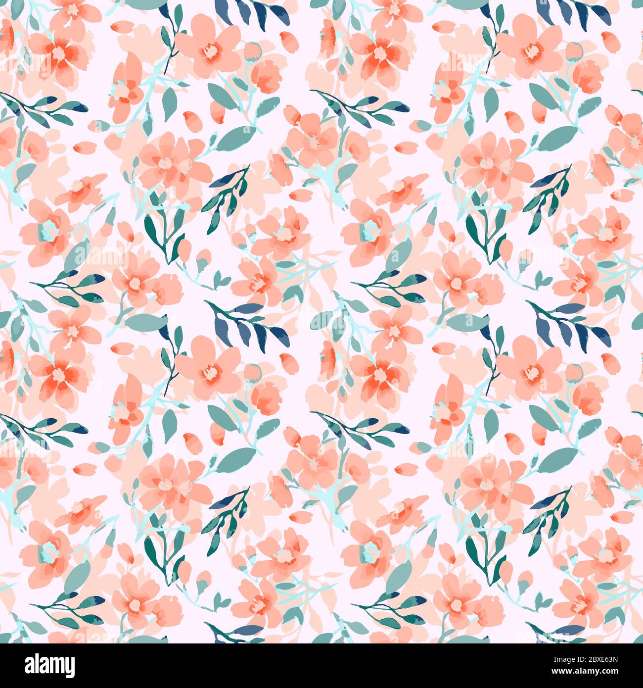 Motivo floreale senza cuciture astratto. Colori luminosi, pittura su sfondo chiaro. Fiori di ciliegio. Illustrazione Vettoriale