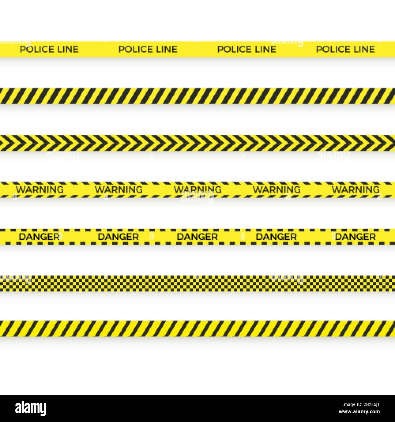 Set di nastro giallo polizia. Zona di pericolo con barriera di linea. Striscia di avvertenza. Vettore Illustrazione Vettoriale