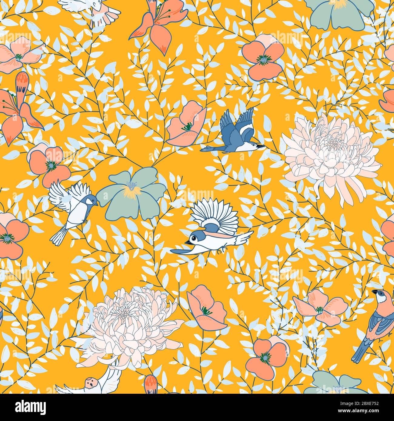 Motivo senza cuciture, fiori selvatici, peonie e uccelli volanti su uno sfondo giallo-arancione luminoso. Illustrazione Vettoriale