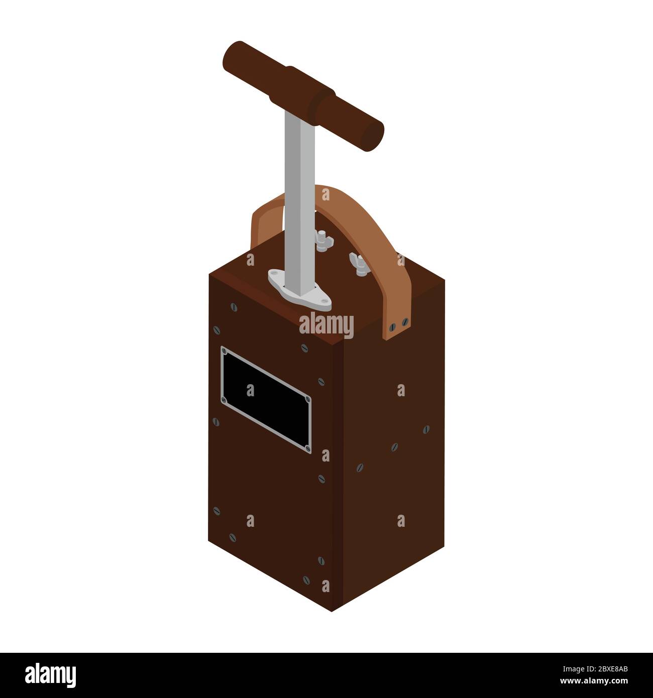 Scatola detonatore. Macchina di brillamento isolata su sfondo bianco. Attenzione esplosiva. Scatola del pistone del detonatore Illustrazione Vettoriale