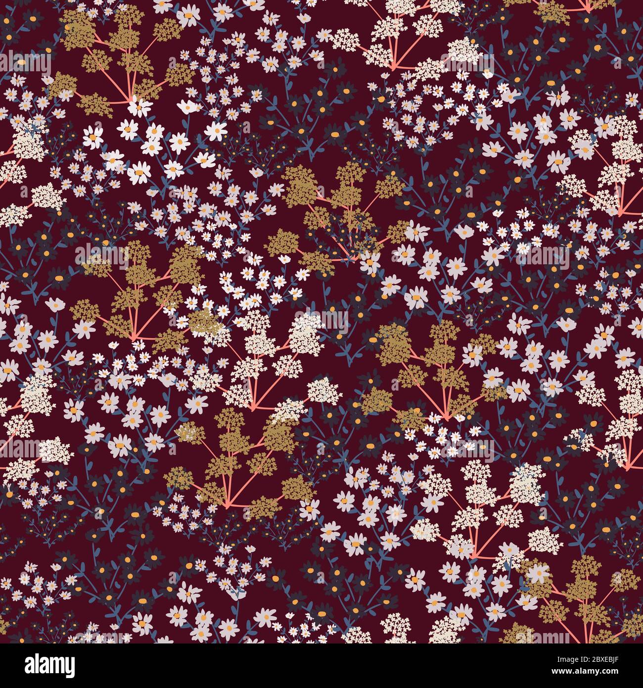 Motivo senza cuciture con piccoli fiori selvatici su sfondo bordeaux. Illustrazione Vettoriale