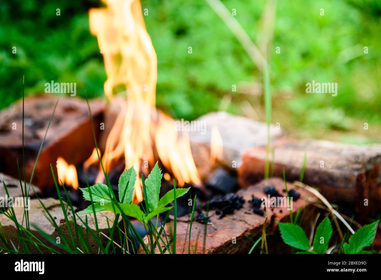 Un fuoco costruito su mattoni è una griglia fatta in casa barbecue. Picnic estivo. Foto Stock