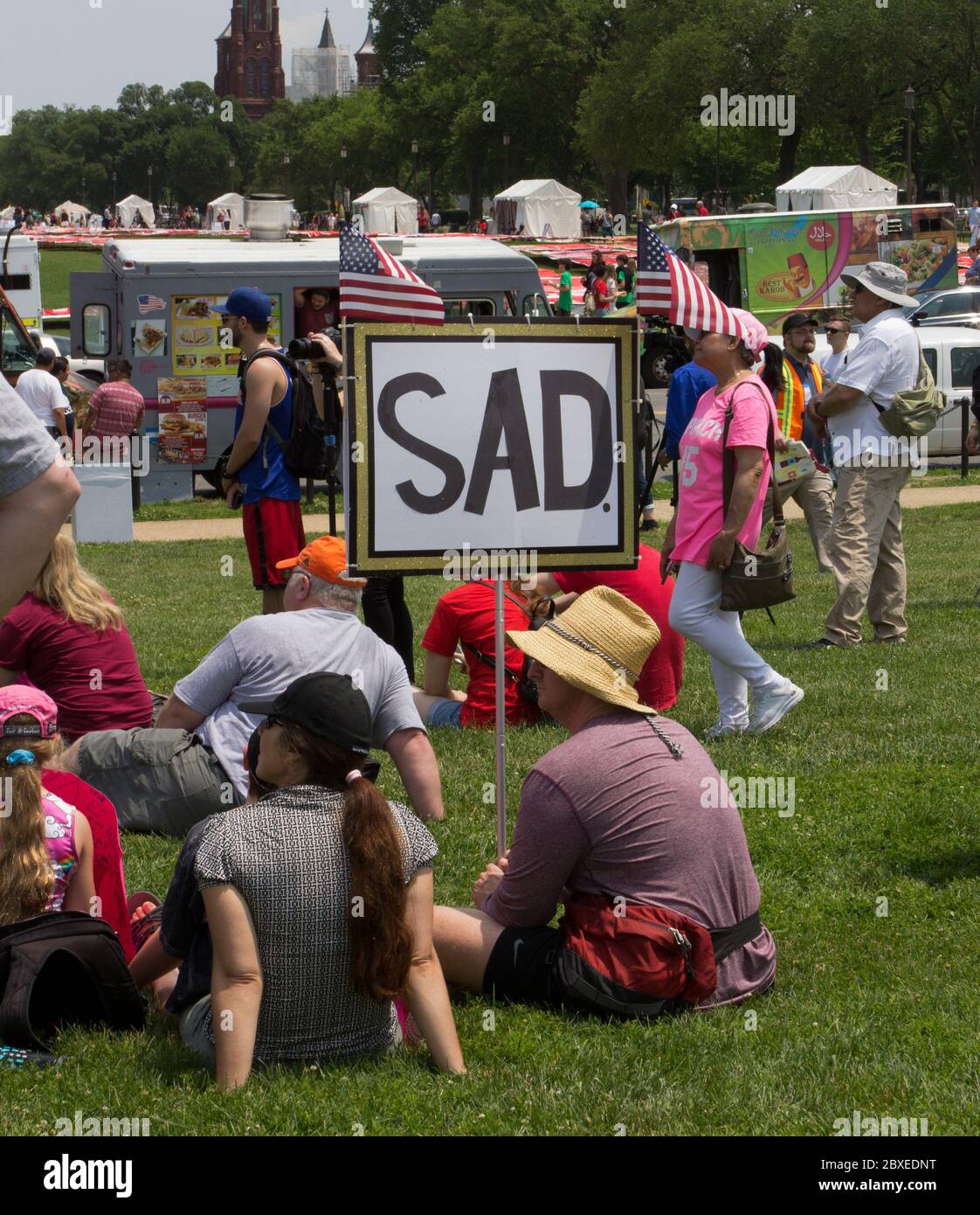 Washington, D.C., Stati Uniti. 1 Giugno 2019. Il manifestante maschile ha un segno di protesta adornato da due bandiere americane che sventolano a sostegno del movimento per impedire al presidente Donald Trump di impeach alla marcia nazionale che recita 'papà.', facendo riferimento a un frequente tentativo di insulto per cui Trump è diventato noto nei suoi tweet su Twitter. Indossando un cappello di paglia e un sacchetto di bum/pack fanny, si siede sull'erba verde con due femmine con lunghe code di ponytail e cappelli/cappelli da baseball e altre intorno a lui, rivolto verso un altoparlante sul palco (non visibile nella foto), con camion di cibo sullo sfondo. Kay Howell/Alamy Foto Stock