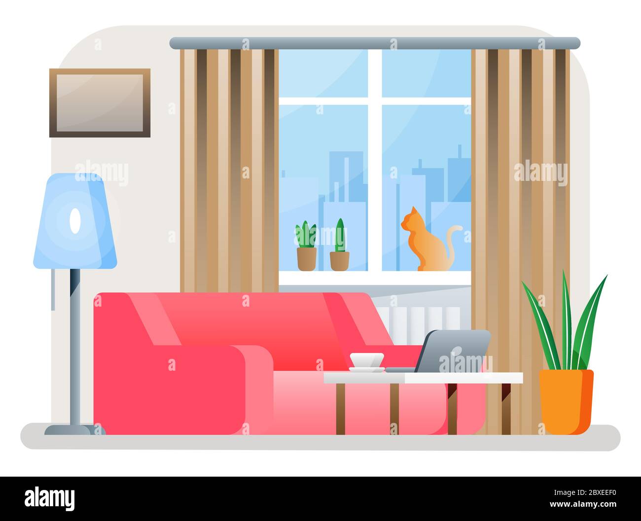 Interno di un moderno soggiorno. Divano, impianto, scrivania con computer portatile, lampada. Cat seduto sulla finestra con tende. Arredamento in stile minimalista. Vettore di stile piatto Illustrazione Vettoriale