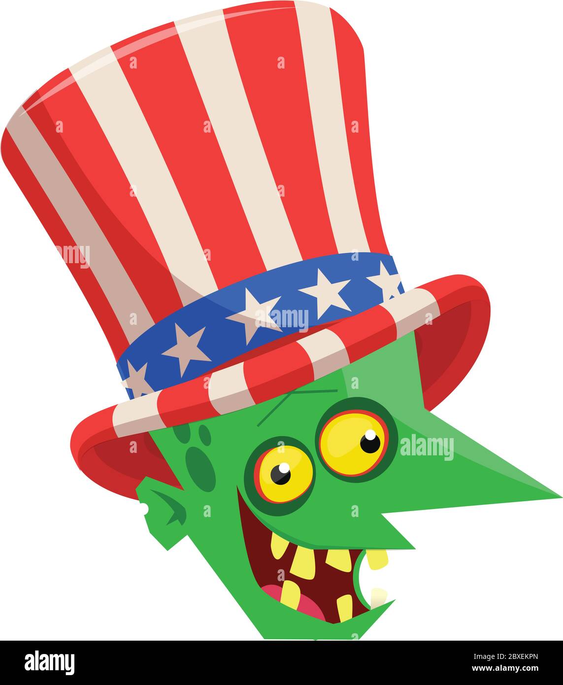 Divertente mostro di cartoni animati verdi che indossa il cappello dello zio Sam. Personaggio di design per l'American Independence Day. Illustrazione vettoriale per la stampa o la decorazione Illustrazione Vettoriale