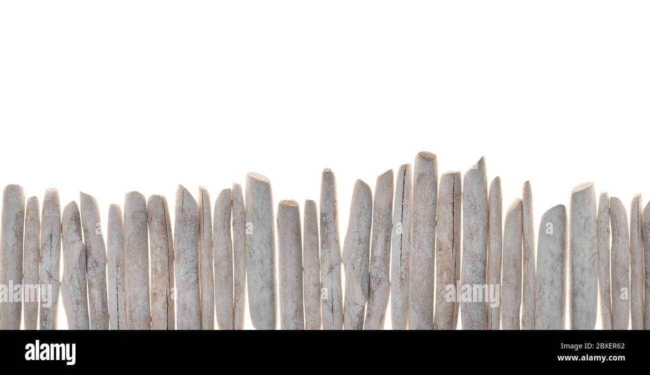 Driftwood. Fila di scorze di mare bianco.pezzi bianchi di legno isolato su sfondo bianco. Decorazioni interne in stile marino. Disposizione piatta, vista dall'alto Foto Stock