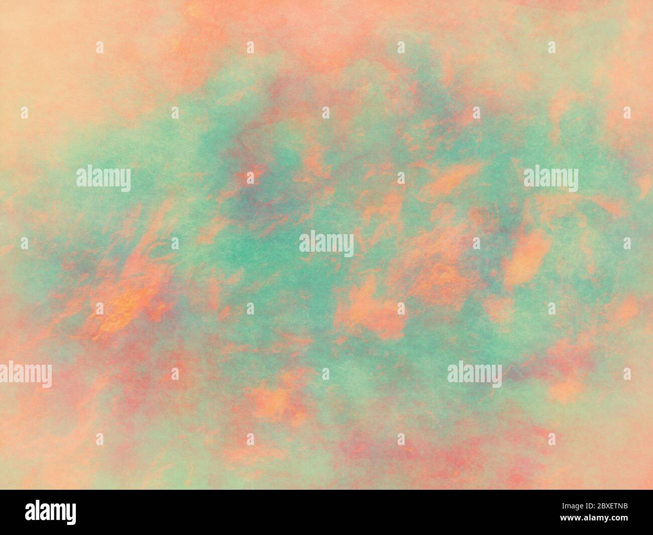 Graziosi colori rosa arancio e verde blu dipinti in astratto acquerello illustrazione con macchie nuvolose o schizzi di colore in desig sfondo pastello Foto Stock