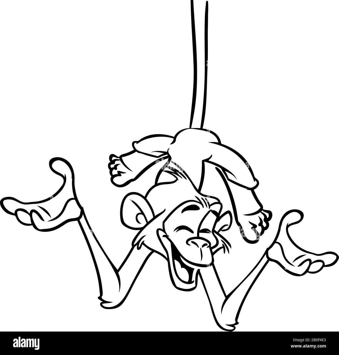 Carino scimpanzé scimmia cartoon appeso giù l'albero. Illustrazione vettoriale di una scimmia contorni. Disegno per colorare libro. Illustrazione Vettoriale