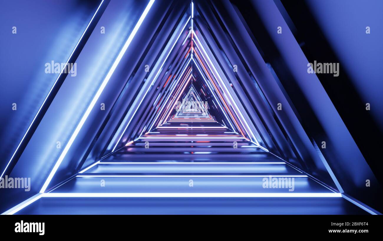 Astratto corridoio futuristico con triangoli, luce ultravioletta fluorescente, linee laser colorate al neon, tunnel geometrico senza fine, spettro rosa blu, 3 Foto Stock