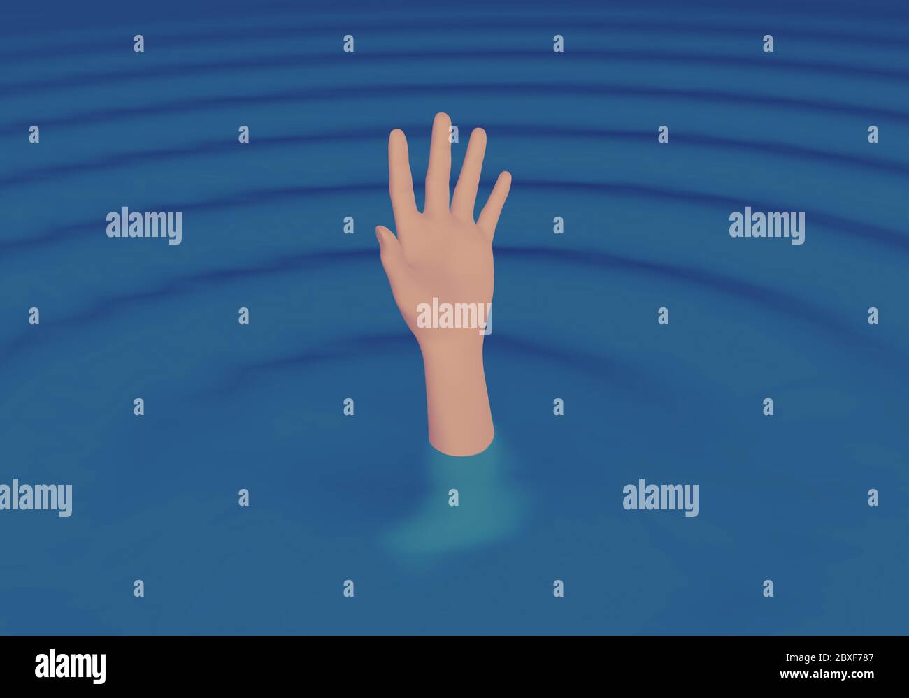 Mano della persona cerca aiuto mentre annegava in mezzo al mare. Chiama per assistenza. Chiedere aiuto concetto. illustrazione 3d Foto Stock
