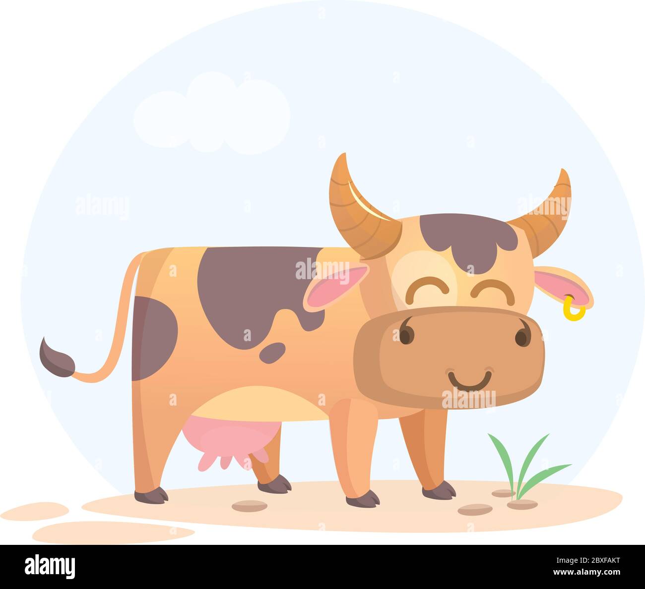 Illustrazione vettoriale della mucca di cartone animato sorridente. Animale di fattoria isolato su sfondo semplice Illustrazione Vettoriale