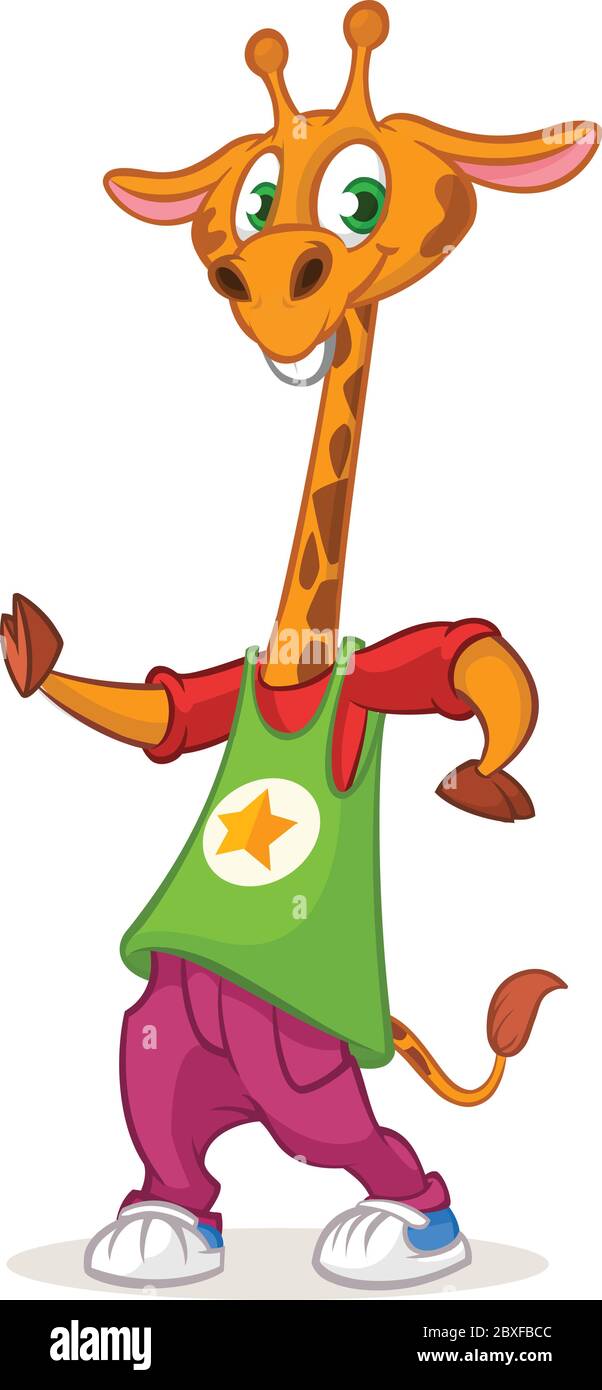 Giraffa cartoon danzante. Illustrazione vettoriale di hip-hop o discoteca hip-hop felice giraffe danzante. Design per mascotte, poster o icone Illustrazione Vettoriale
