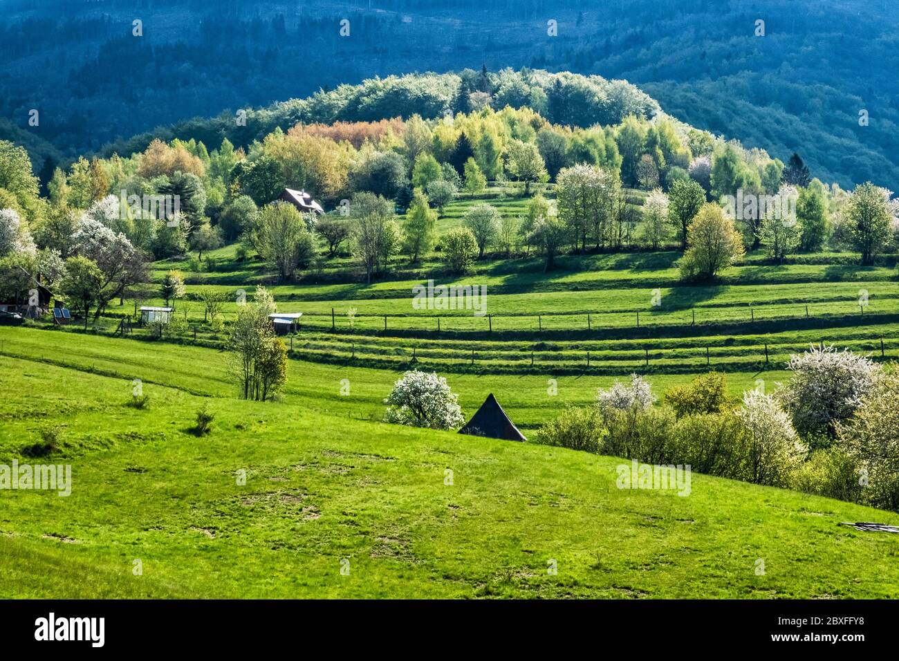Paesaggio rurale, Muranska Zdychava, repubblica slovacca. Scena naturale stagionale. Destinazione del viaggio. Foto Stock