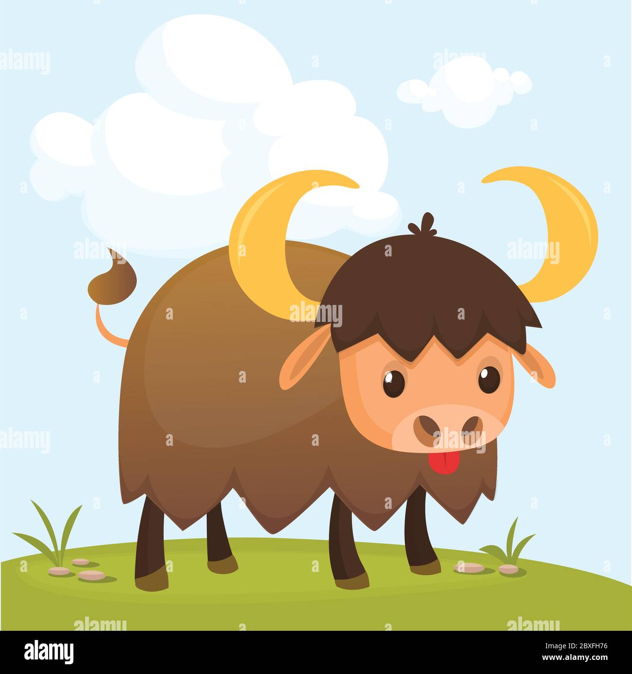 Cartoon american bull (bufalo, bue, bisonte) guardando sul prato. Pagina colorata per bambini e bambini Illustrazione Vettoriale