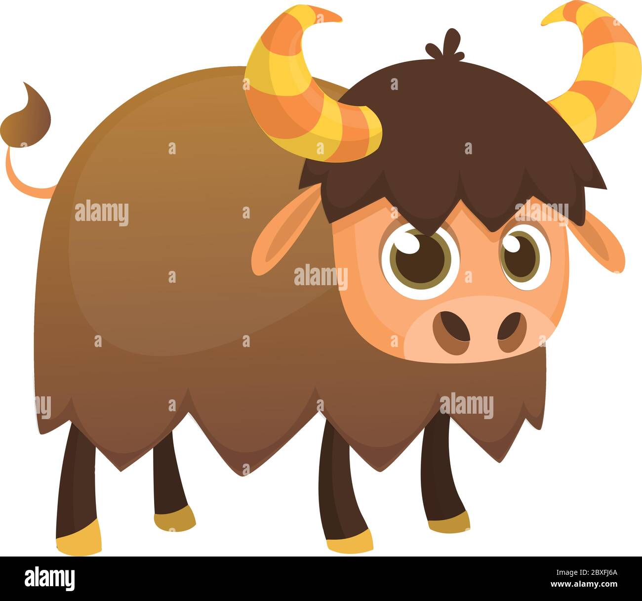Personaggio americano dei cartoni animati bisonti. Vettore piatto maschio bisonte grande isolato su bianco. Fauna del Nord America. Icona Buffalo. Illustrazione animale per l'annuncio dello zoo, n Illustrazione Vettoriale