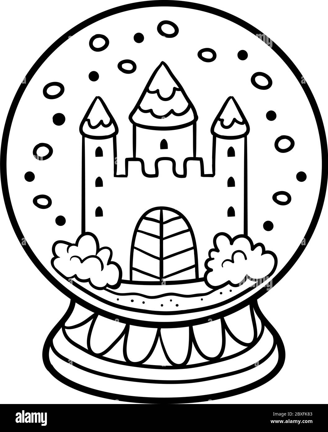 Libro da colorare per bambini, palla di neve invernale con castello Illustrazione Vettoriale