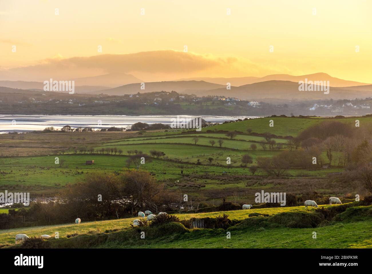 Mattina presto su Loughros Point guardando ad ovest verso il villaggio di Ardara, contea di Donegal, Irlanda. Foto Stock