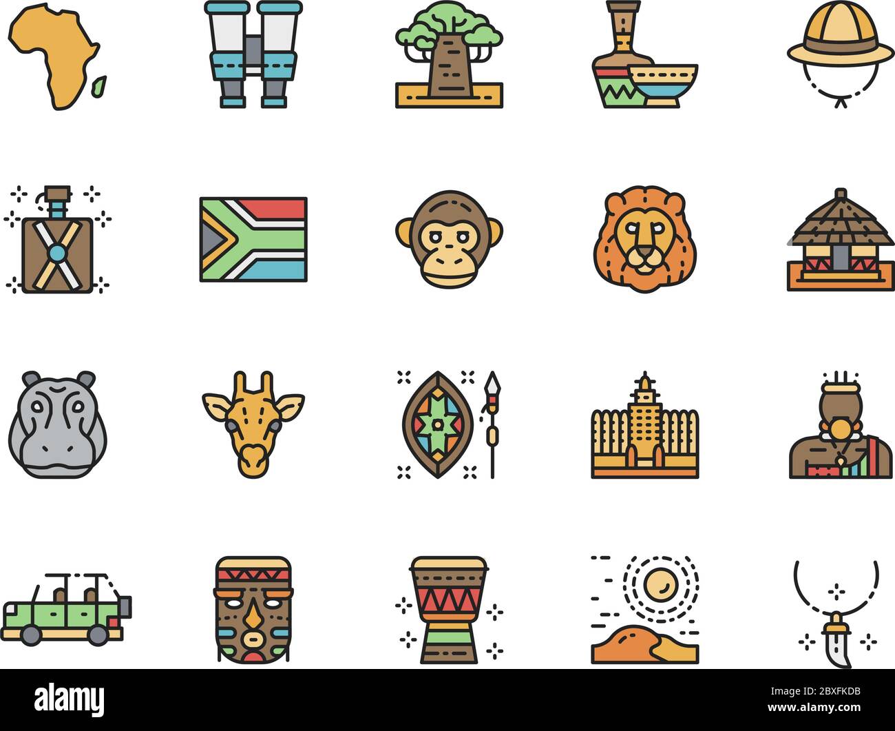 Set di icone di linea a colori piatti Africa. Dentale Ciondolo, Binocolo, animali e molto altro ancora Illustrazione Vettoriale