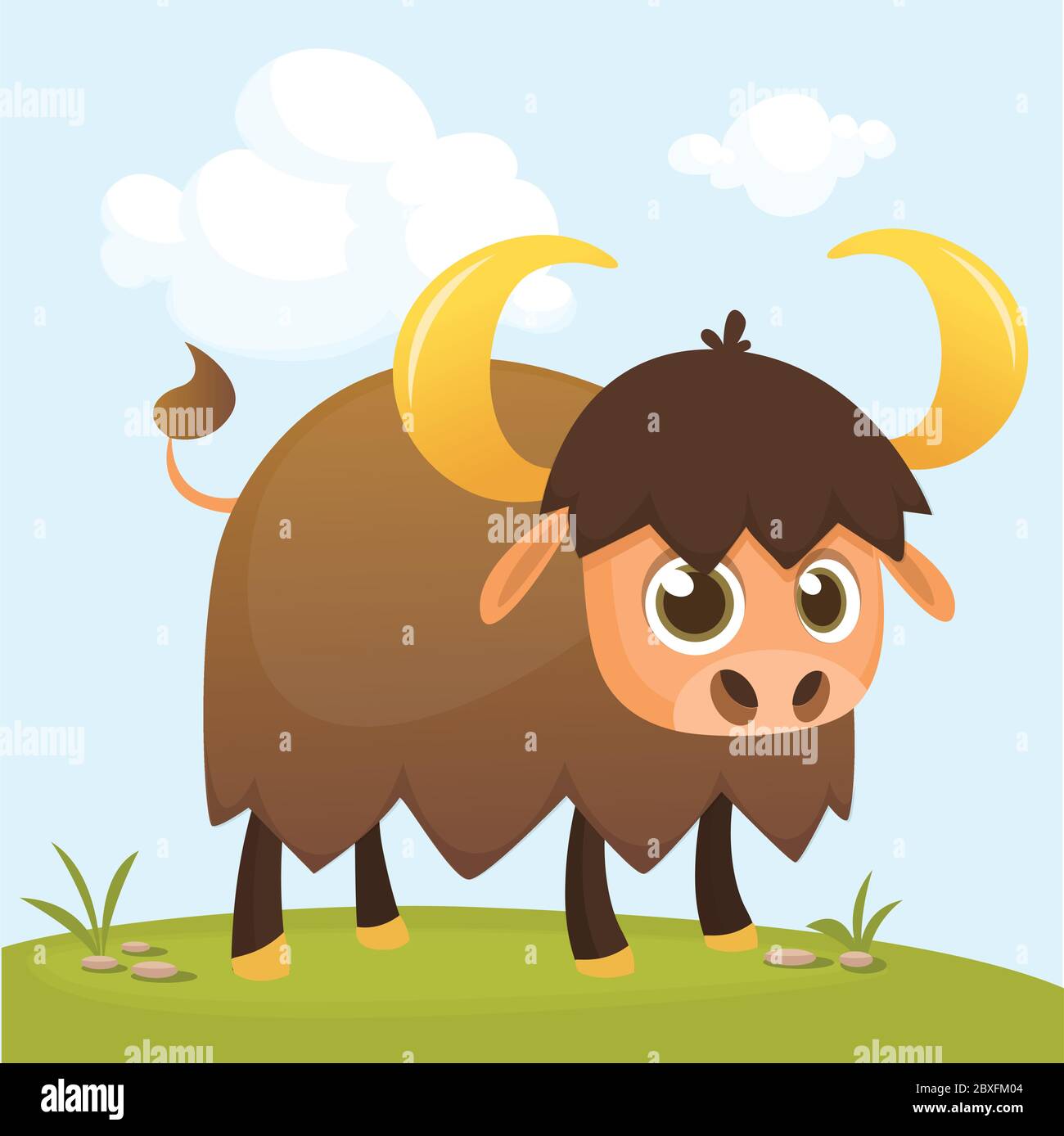 Illustrazione vettoriale di Cartoon Buffalo o bisonte in piedi sul prato Illustrazione Vettoriale