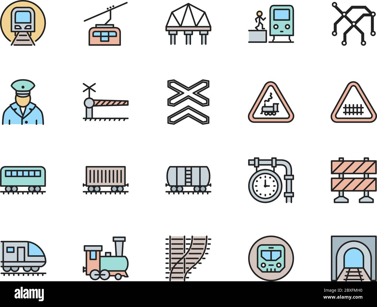 Set di icone delle linee a colori piatte delle ferrovie. Funicolare, metropolitana, locomotiva e molto altro Illustrazione Vettoriale