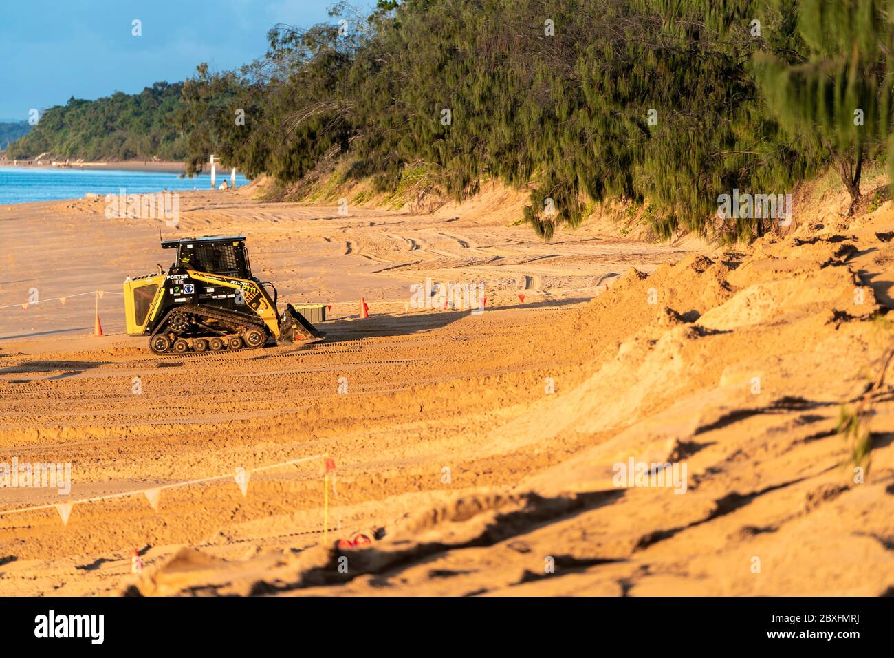 Macchine che intraprendono il restauro della spiaggia e il controllo dell'erosione. Scarness Beach Hervey Bay Foto Stock