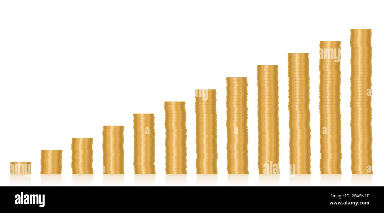 Monete impilate. Dodici torri di denaro in aumento, simbolo di successo, aumento di stipendio, aumento di retribuzione, carriera, ricchezza o crescita aziendale in un anno. Foto Stock