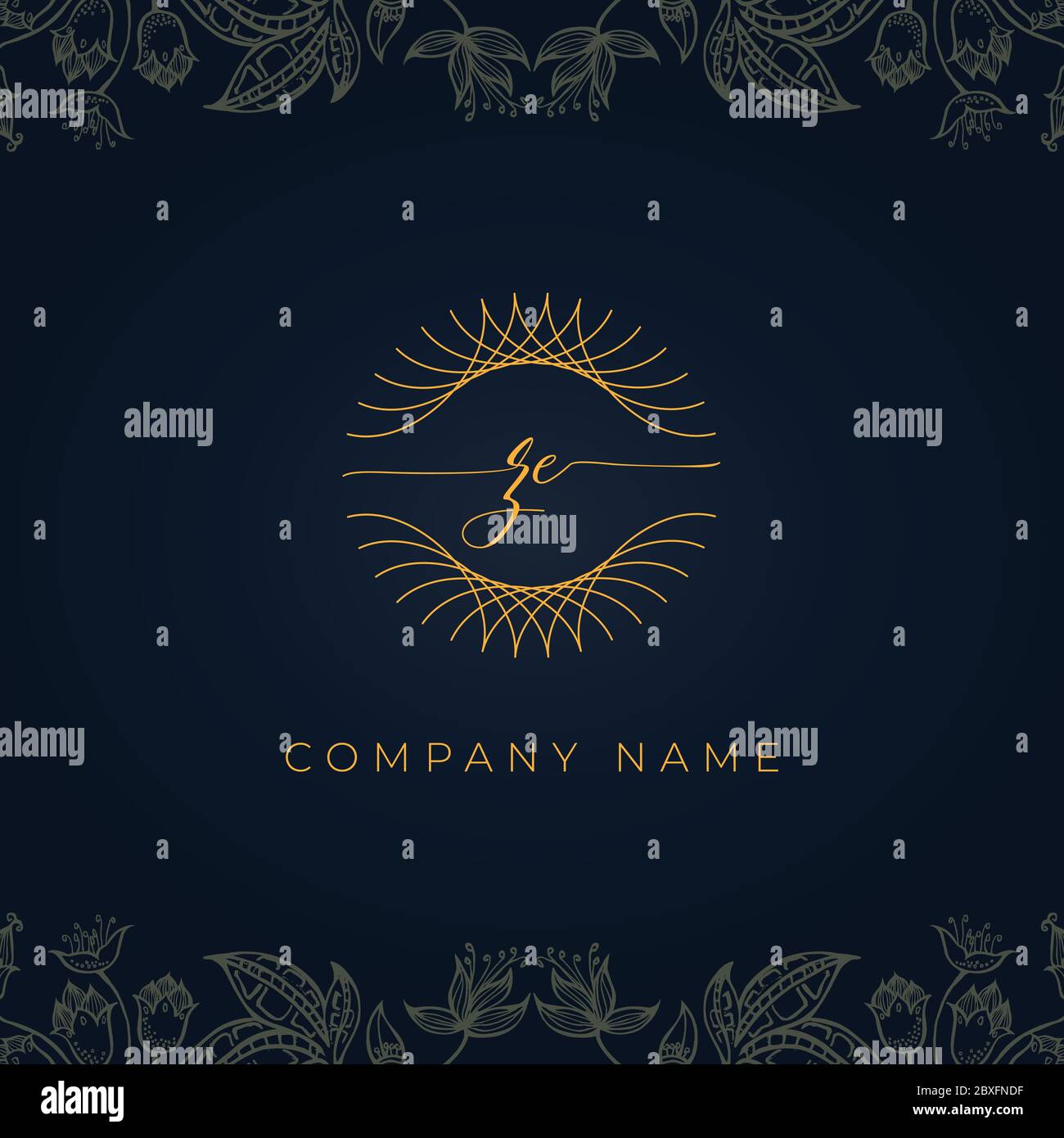 Elegante logo ZE con lettera iniziale di lusso. Questa icona con logo incorpora con astratta arrotondata sottile forma geometrica in sfondo floreale. Che sembra lusuiou Illustrazione Vettoriale
