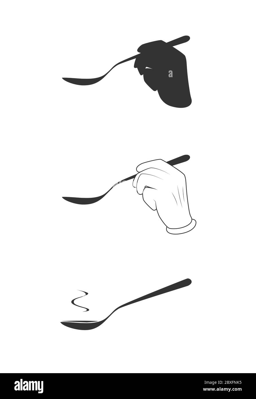 Cucchiaio per zuppa con mano. Sgastazione piatto semplice vettore. Degustazione di cibo. Illustrazione dell'icona pasto isolato Illustrazione Vettoriale