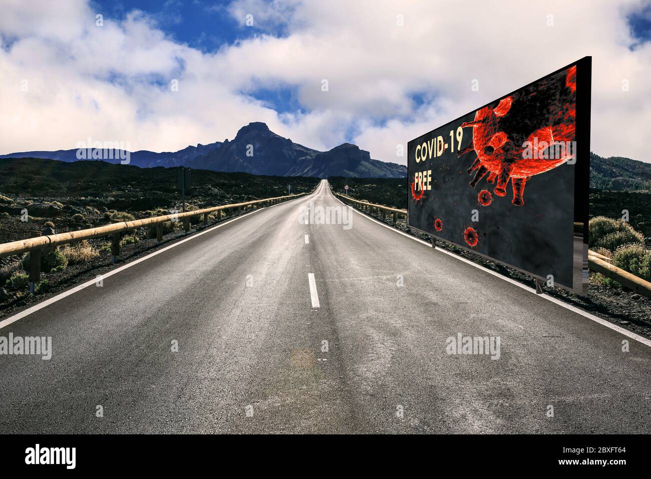 Road advertising tabellone orizzontale Covid-19 gratuito a Mountain 3d rendering .Coronavirus gratuito Foto Stock