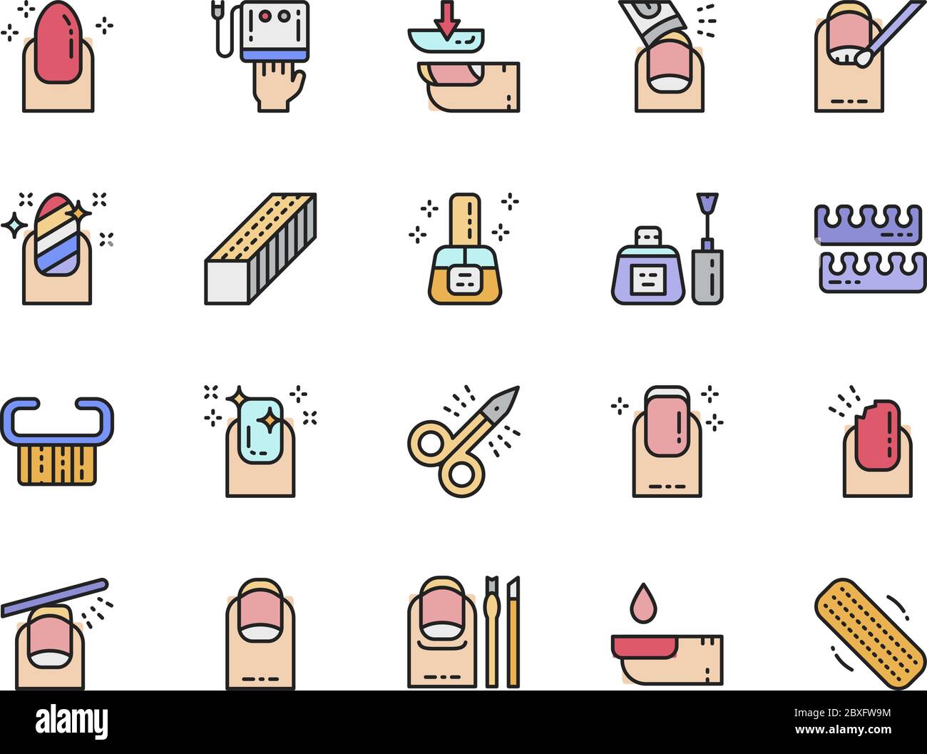 Set di icone della linea a colori del salone di chiodo. Forbici, chiodi estesi, pedicure e altro ancora. Illustrazione Vettoriale