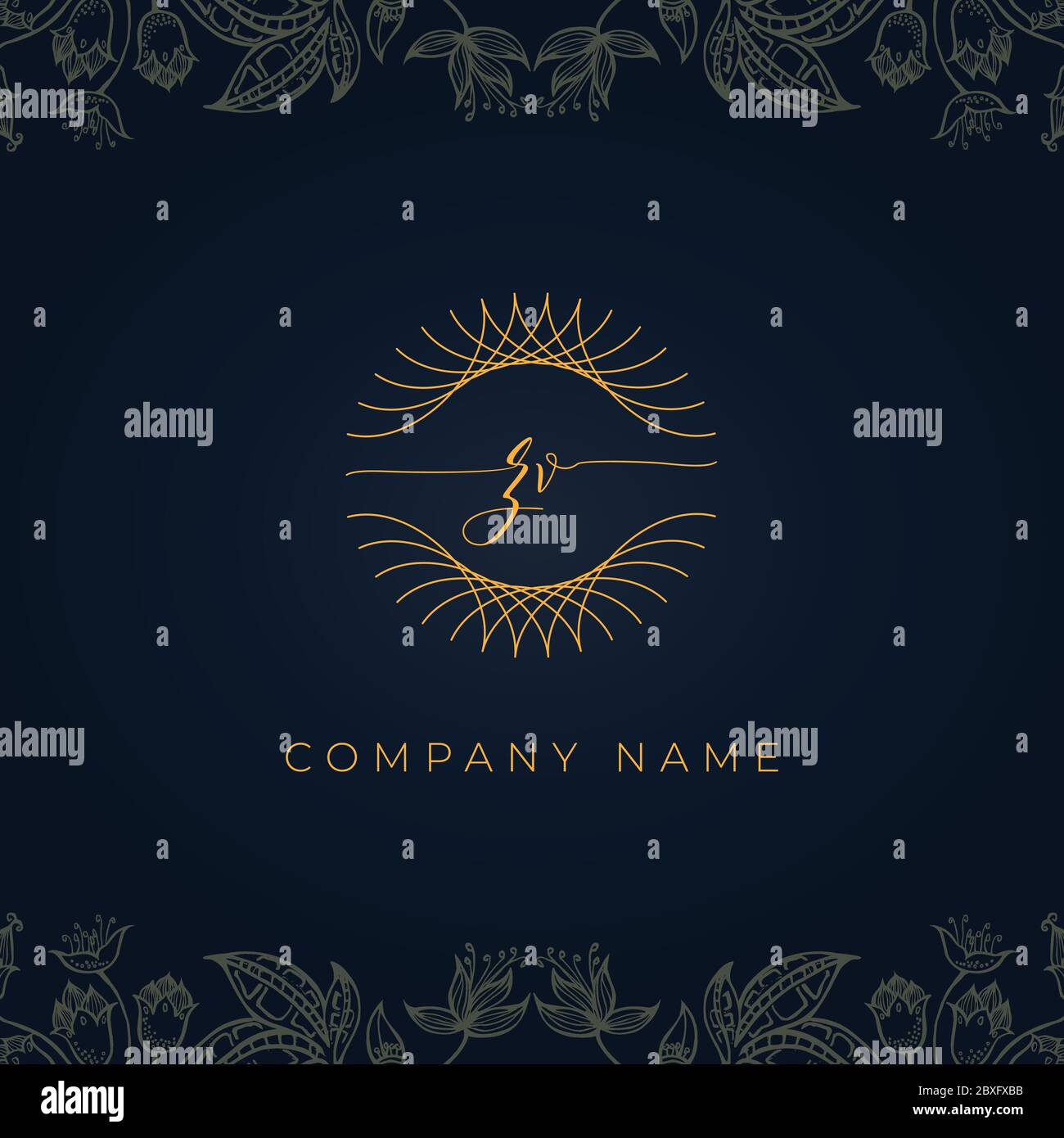 Elegante logo ZV con lettera iniziale di lusso. Questa icona con logo incorpora con astratta arrotondata sottile forma geometrica in sfondo floreale. Illustrazione Vettoriale