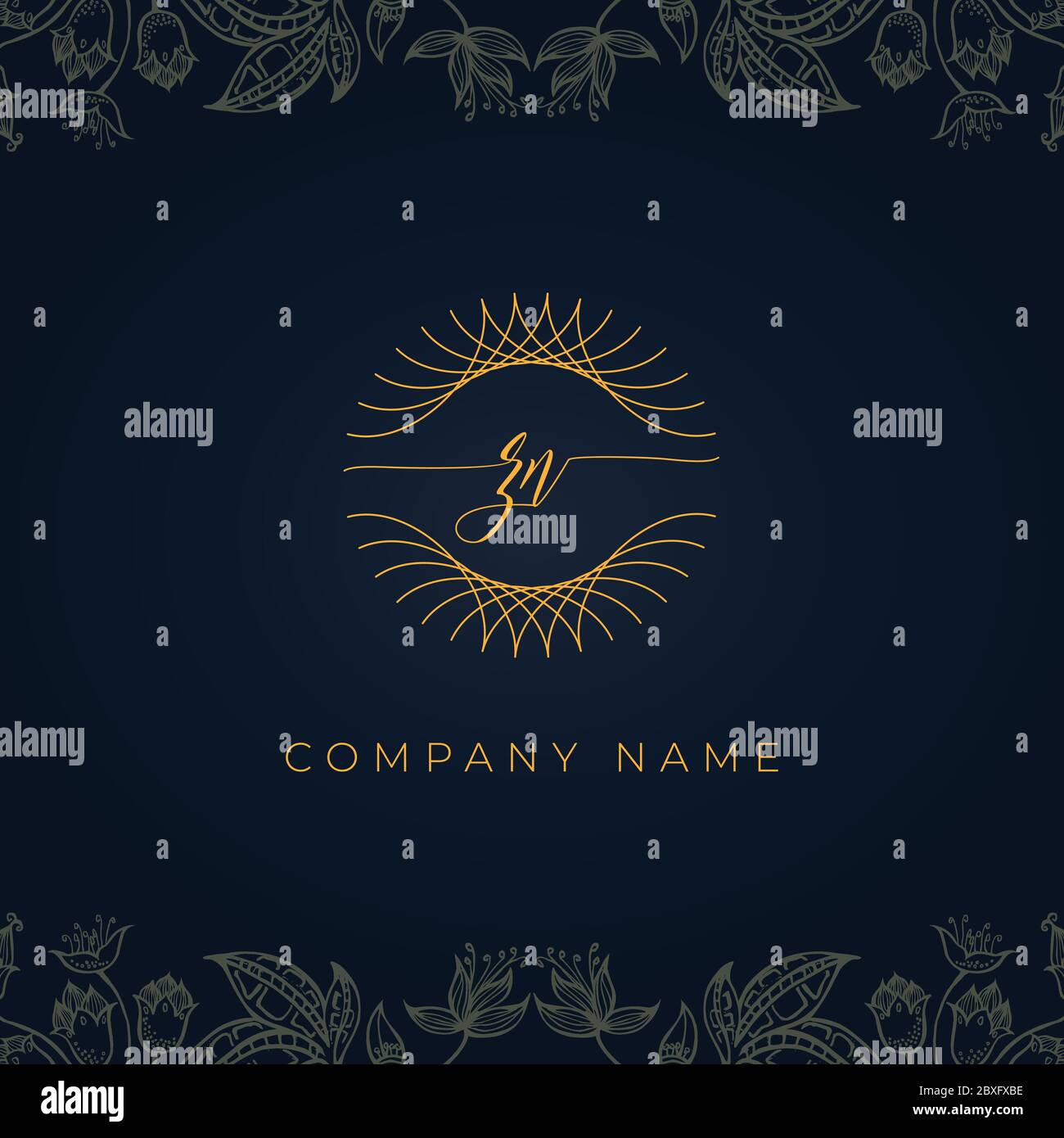 Elegante e lussuoso logo ZN. Questa icona con logo incorpora con astratta arrotondata sottile forma geometrica in sfondo floreale. Illustrazione Vettoriale
