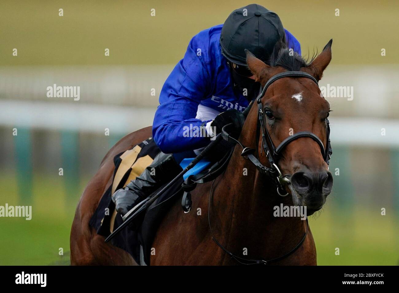 William Buick cavalcando la dinastia Noble in azione all'ippodromo di Newmarket. Foto Stock