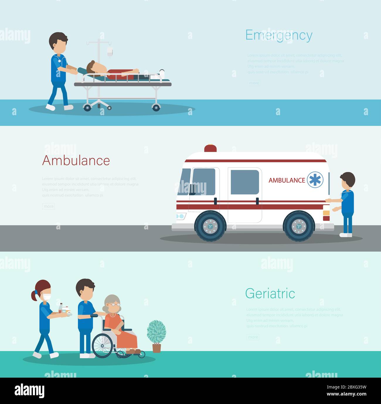 Set di striscioni medici con illustrazione vettoriale a disegno piatto per infermieri e pazienti Illustrazione Vettoriale