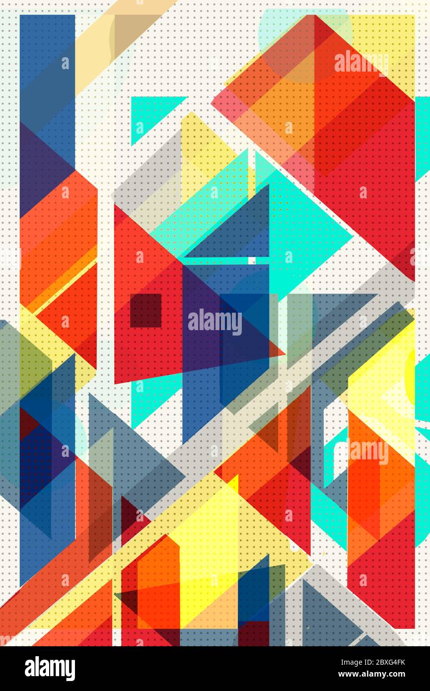 Coloratissima copertura geometrica Modernismo svizzero, cubi e triangoli. Arancione, giallo blu e rosso. Il modello astratto forma gli sfondi concettuali per a. Foto Stock