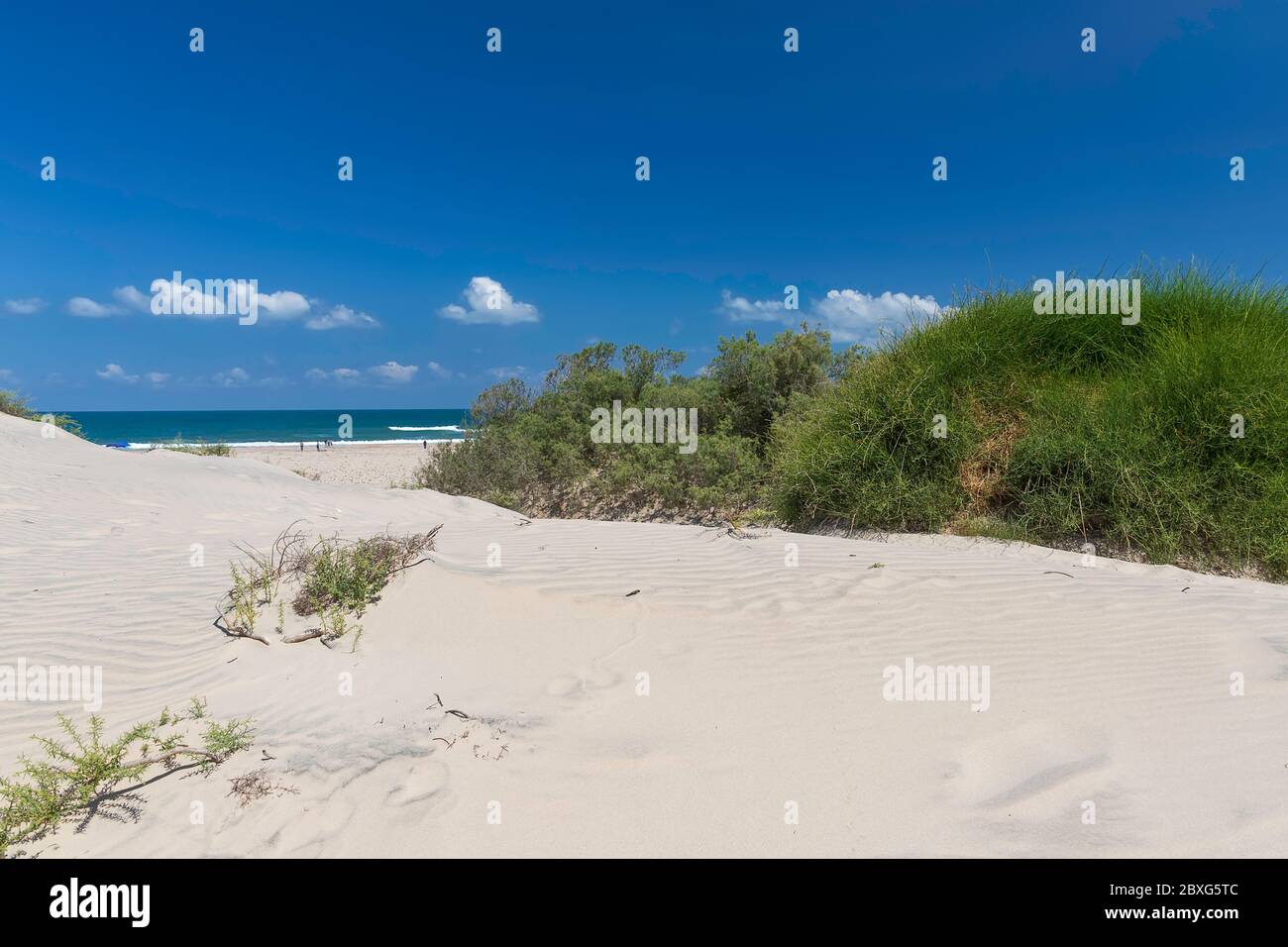 Vista sul Mar Mediterraneo e il cielo con le nuvole attraverso le dune di sabbia bianca con cespugli verdi Foto Stock