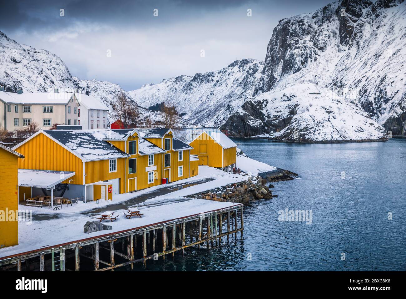 Villaggio costiero, Nusfjord, Lofoten, Nordland, Norvegia Foto Stock