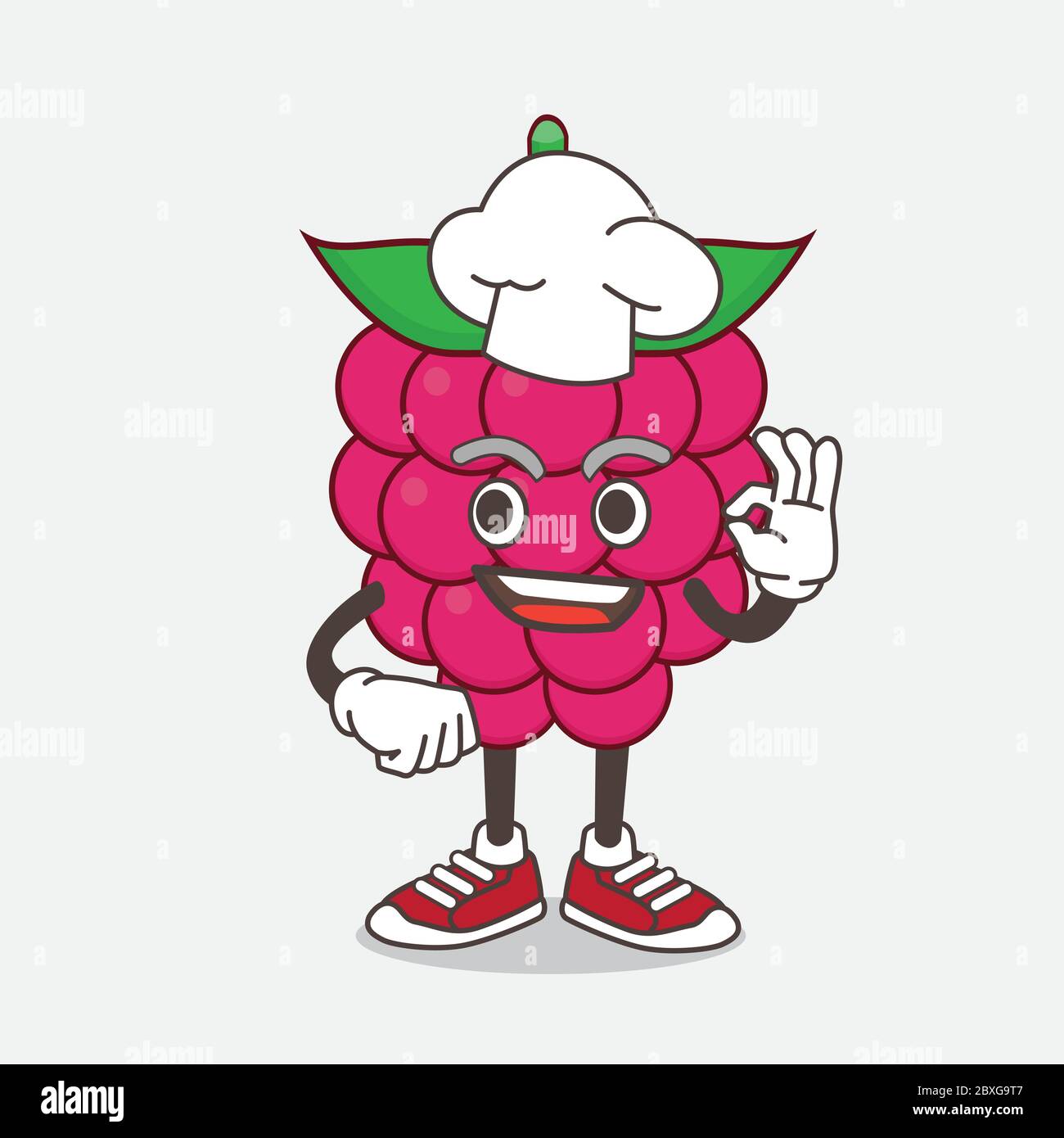 Un'illustrazione del carattere mascotte cartoon di frutta di lamponi in un abito da chef e cappello bianco Illustrazione Vettoriale