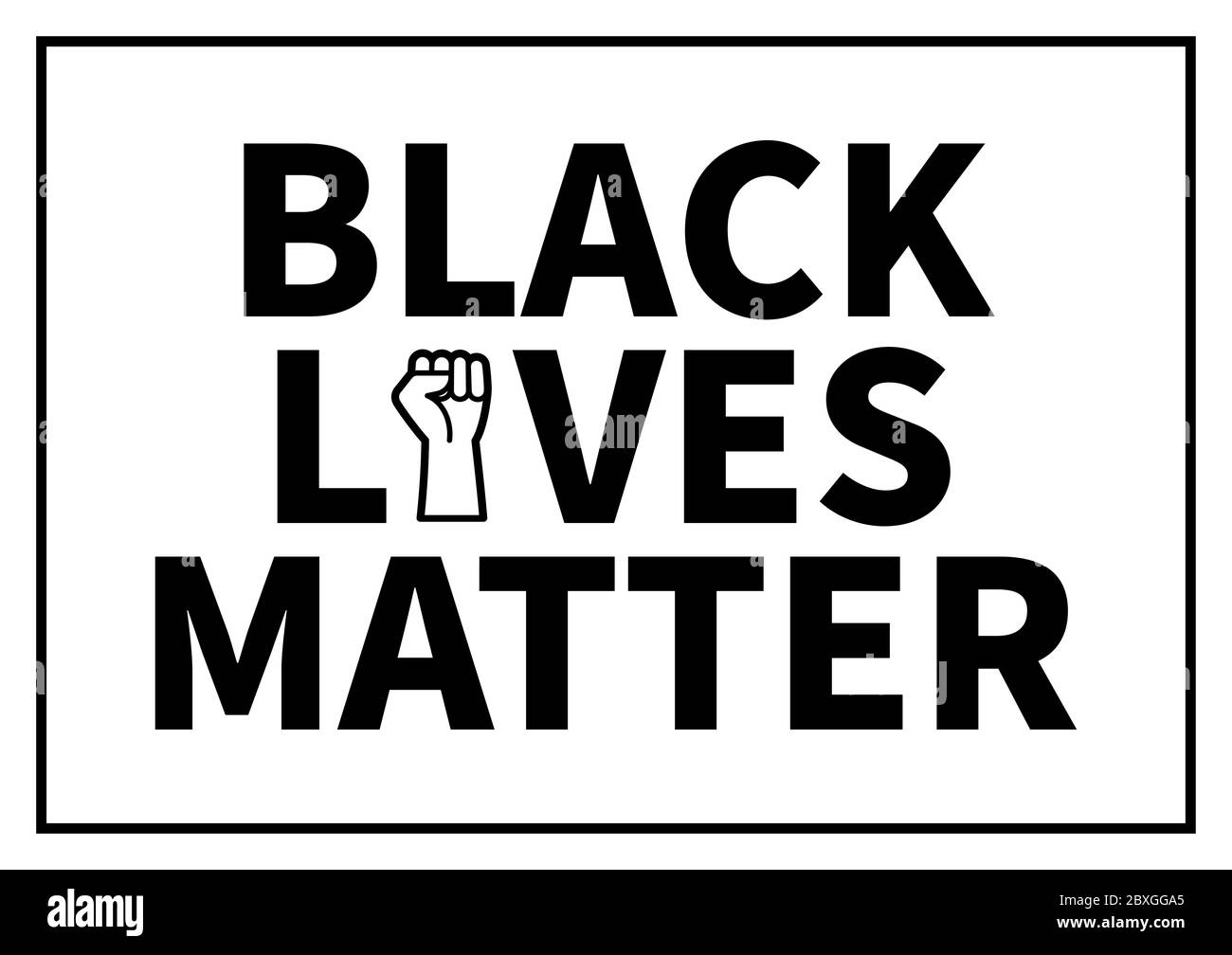 Black Lives Matter campagna testo con sollevamento semplificato pugno e cornice in bianco e nero Illustrazione Vettoriale