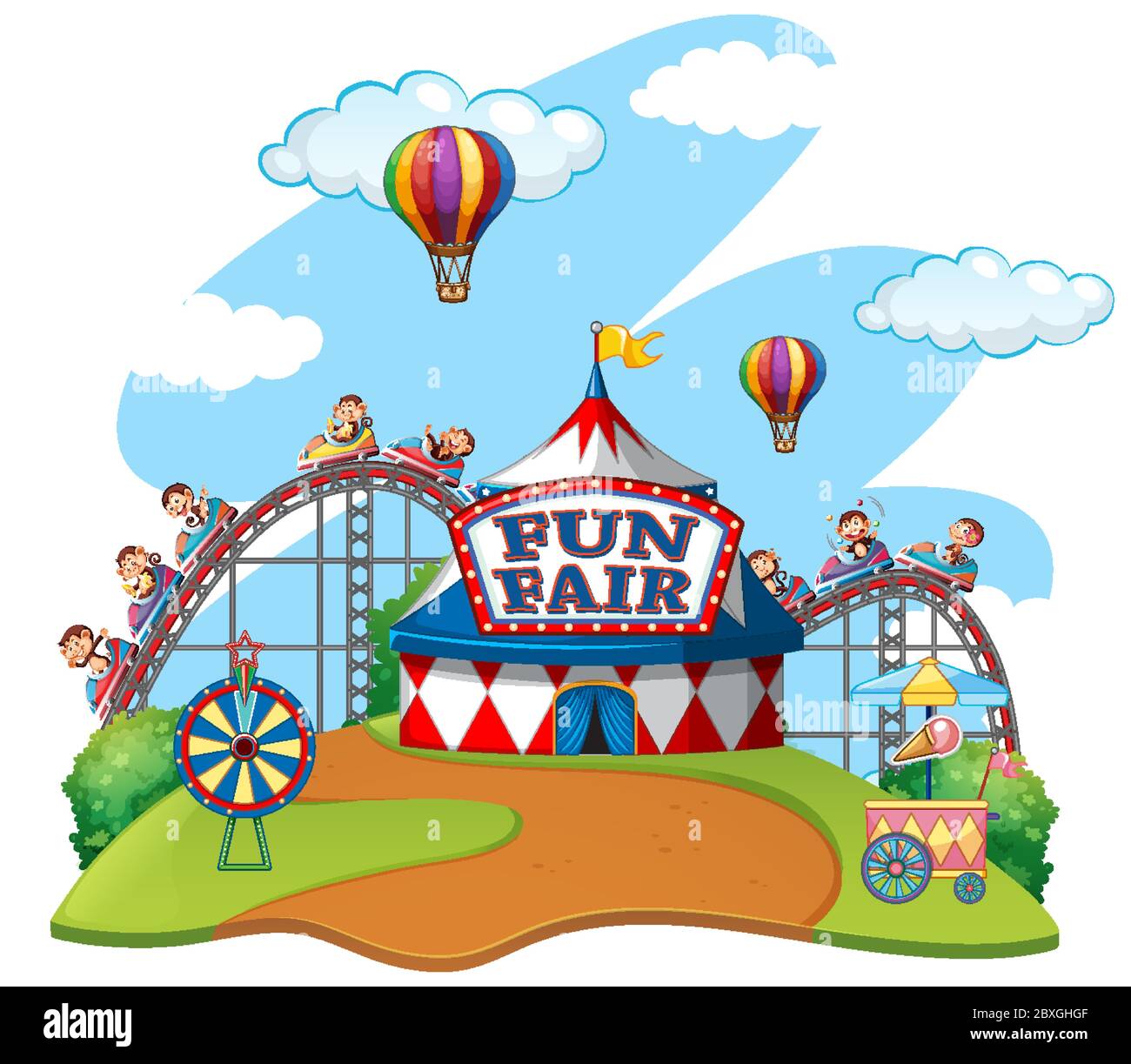 Scena con scimmie cavalcare carri in divertente fair su sfondo bianco illustrazione Illustrazione Vettoriale