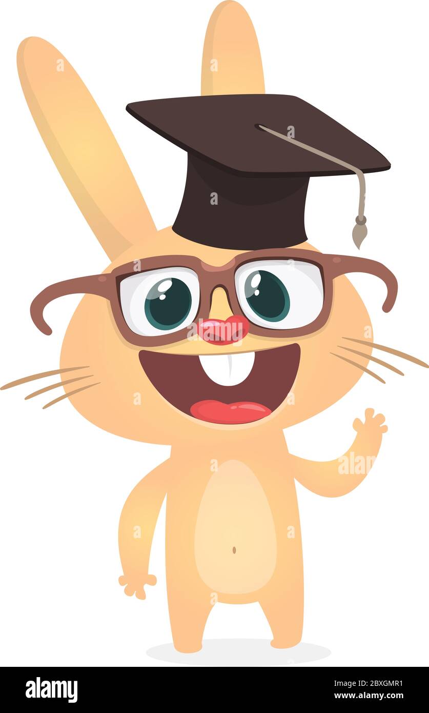 Carino coniglio cartoon che indossa un cappello di laurea e occhiali. Illustrazione vettoriale di un coniglio sorridente Illustrazione Vettoriale