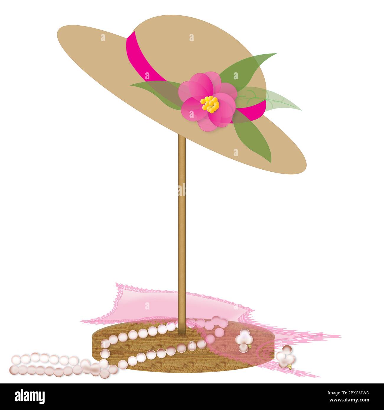 Bellissimo cappello vintage con nastro rosa e fiore. Due immagini simili, un cappello sta poggiando sul supporto del cappello con le perle aggiunte e un hankie/cappello Foto Stock