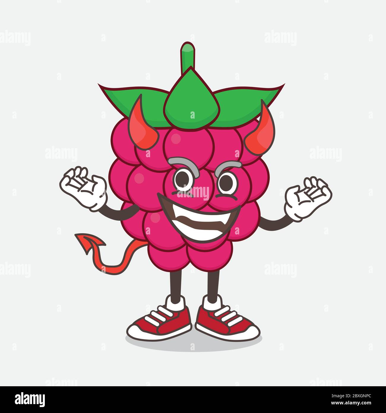 Un'illustrazione del carattere mascotte cartoon di Raspberry Fruit come diavolo rosso con corna e coda Illustrazione Vettoriale