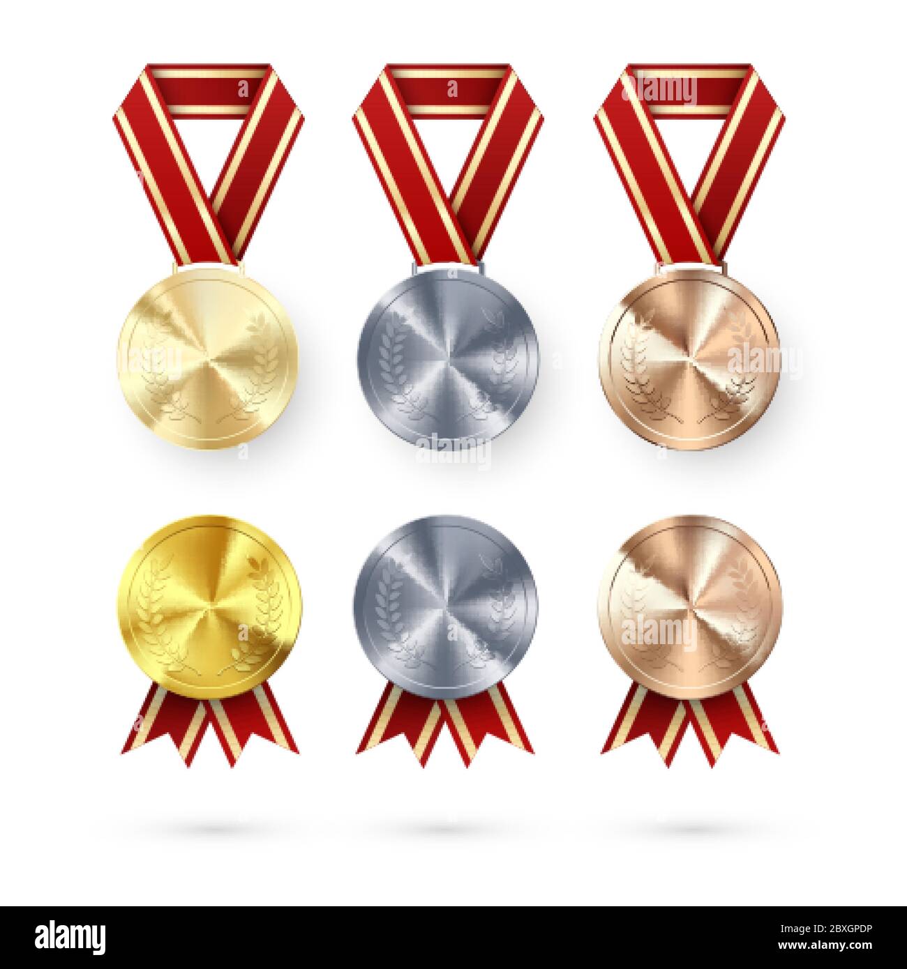 Medaglia d'argento e bronzo con alloro appeso al nastro rosso. Premio simbolo di vittoria e successo. Medaglie impostate. Illustrazione vettoriale Illustrazione Vettoriale