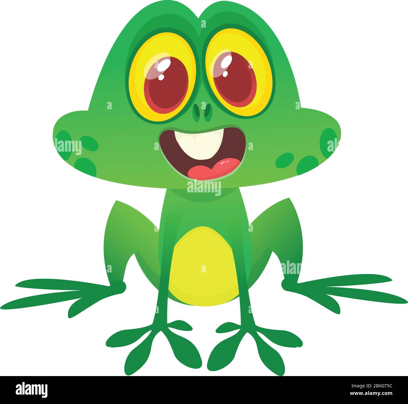 Divertente personaggio verde rana in stile cartoon. Illustrazione vettoriale. Design per stampa, illustrazione di libri per bambini o decorazione di feste Illustrazione Vettoriale