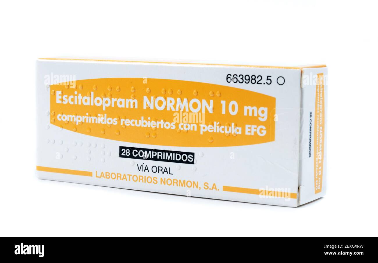 TBILISI, GEORGIA- 18 aprile 2020: Escitalopram antidepressivo pillole di medicina closeup Foto Stock