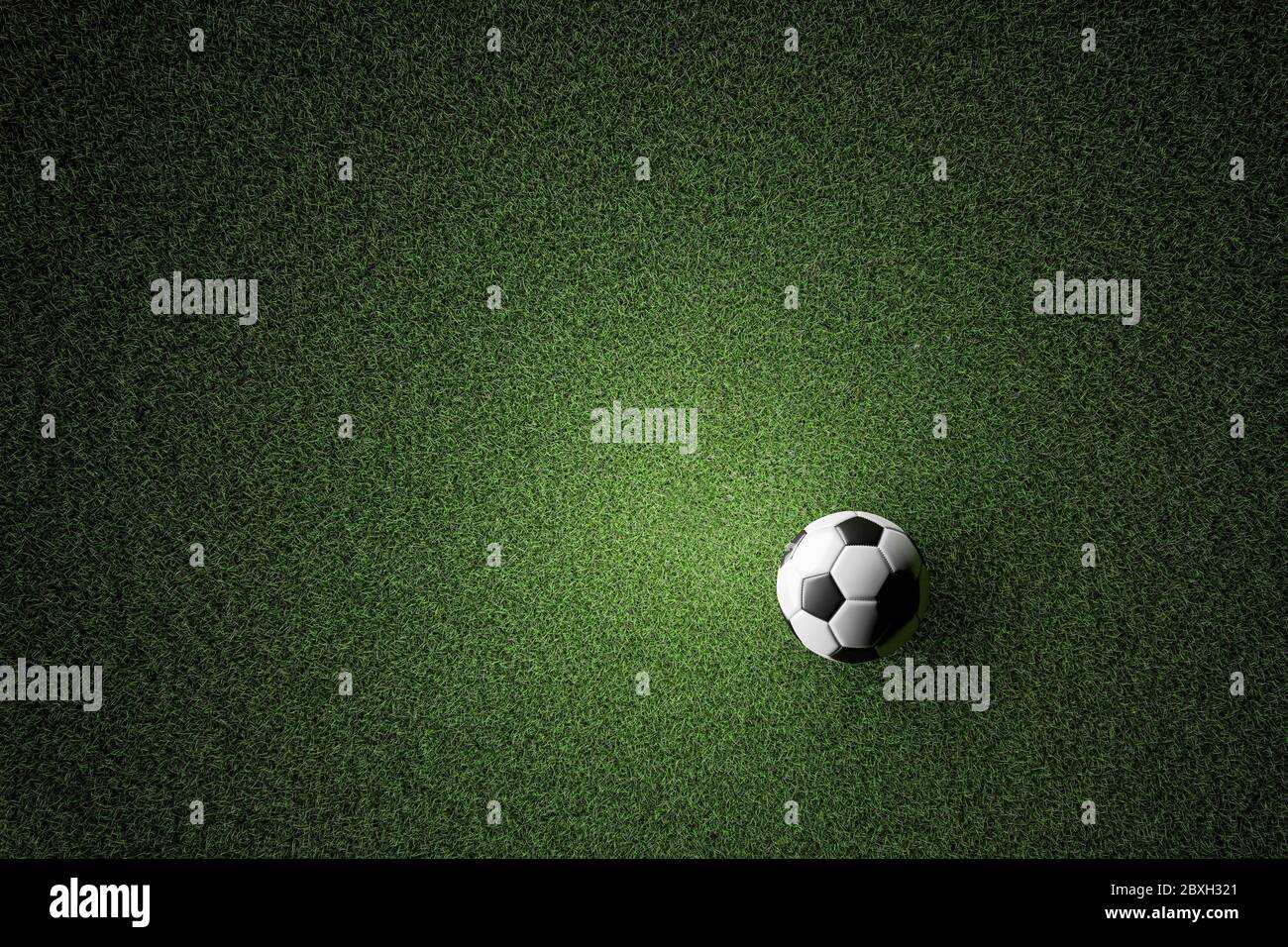 Illustrazione 3D della vista dall'alto dell'erba verde con il calcio di un campo o di un campo da gioco. Modello e concetto di trama Foto Stock