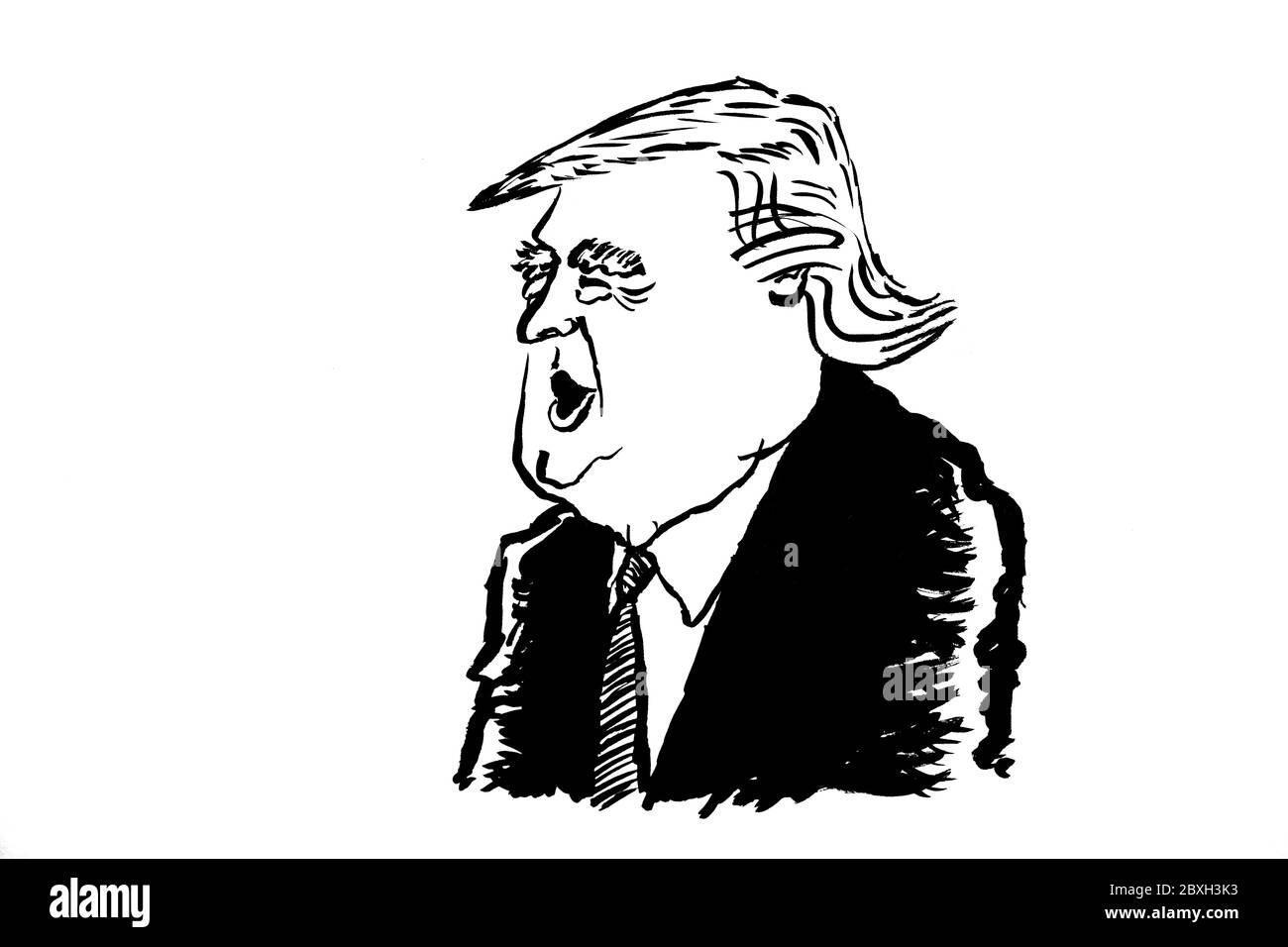 Illustrazione caricatura del presidente degli Stati Uniti Donald Trump (bianco e nero) Foto Stock