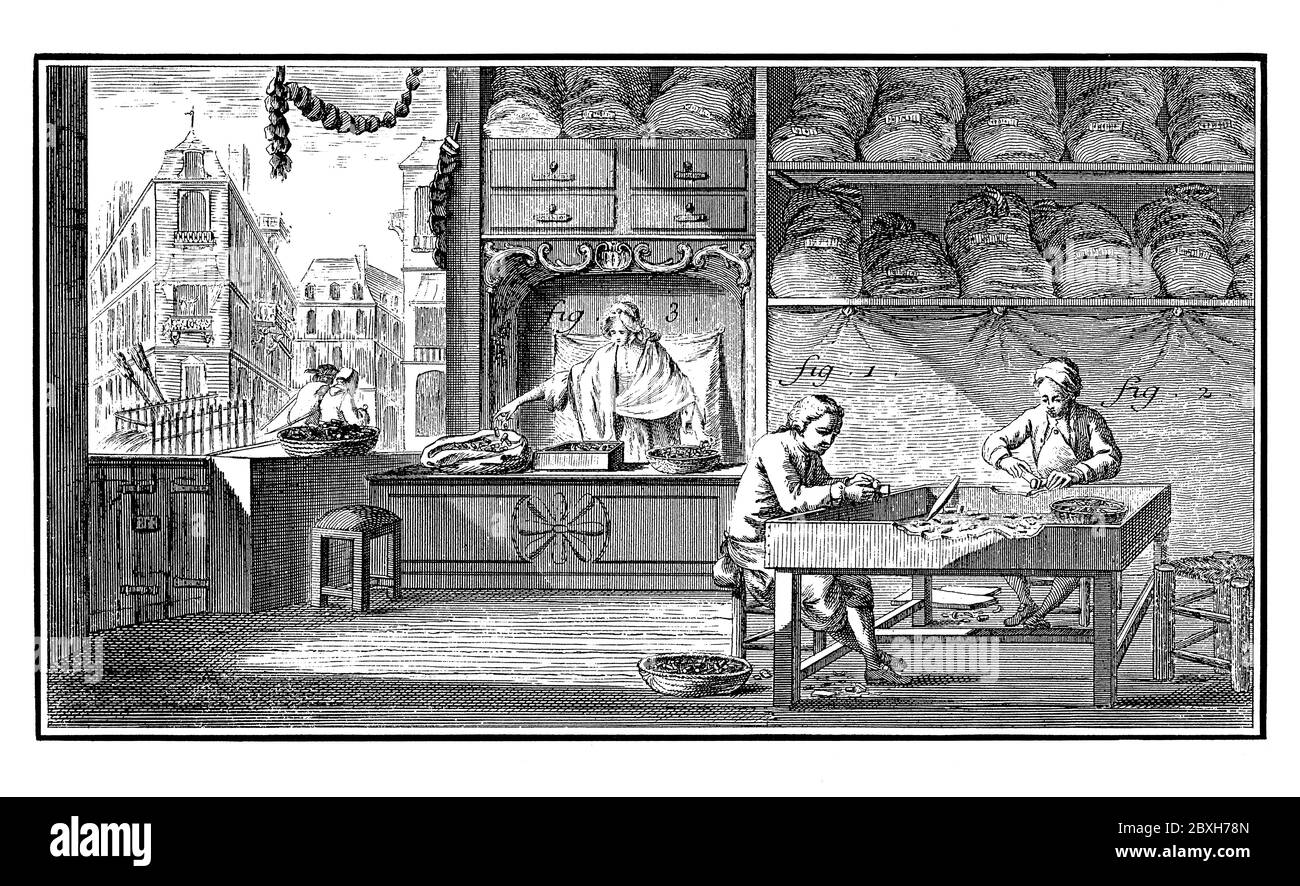 illustrazione del xviii secolo di un negozio di corkmakers. Pubblicato in 'UNA Enciclopedia pittorica Diderot di mestieri e industria. Produzione e la Technica Foto Stock