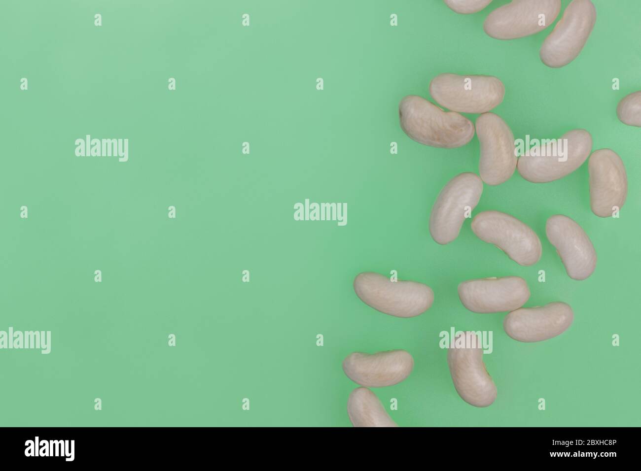 fagioli cannellini asciutti e sparsi su sfondo verde con spazio per la copia Foto Stock